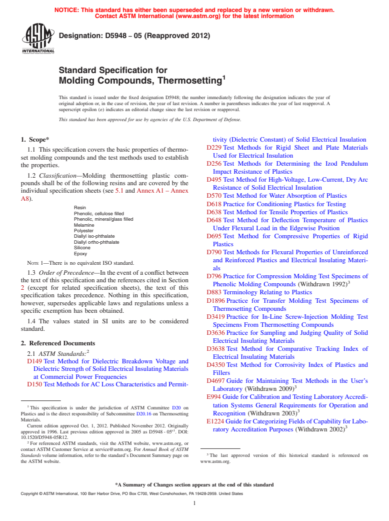 ASTM D5948-05(2012) - Standard Specification for Molding Compounds, Thermosetting