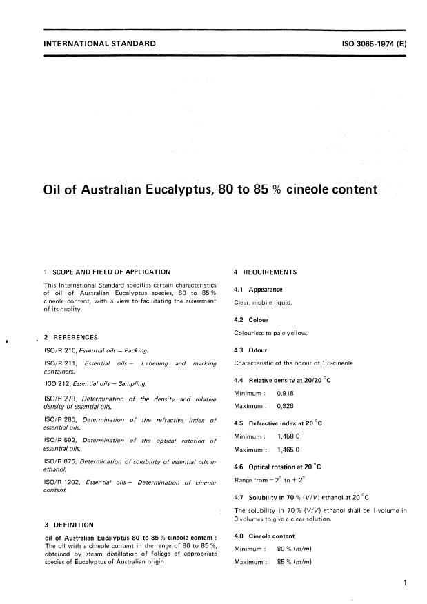 ISO 3065:1974 - Oil of Australian Eucalyptus, 80 to 85 % cineole content