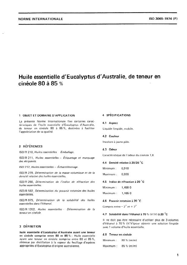ISO 3065:1974 - Huile essentielle d'Eucalyptus d'Australie, de teneur en cinéole 80 a 85 %
