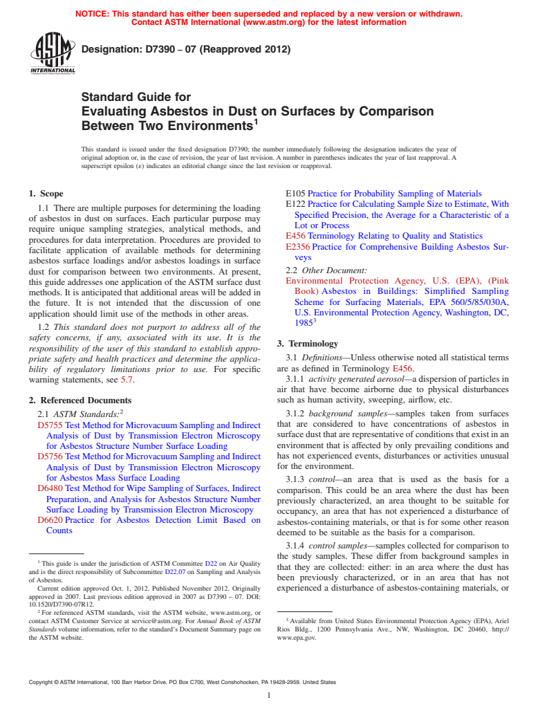 ASTM D7390-07(2012) - Standard Guide for  Evaluating Asbestos in Dust on Surfaces by Comparison Between  Two Environments