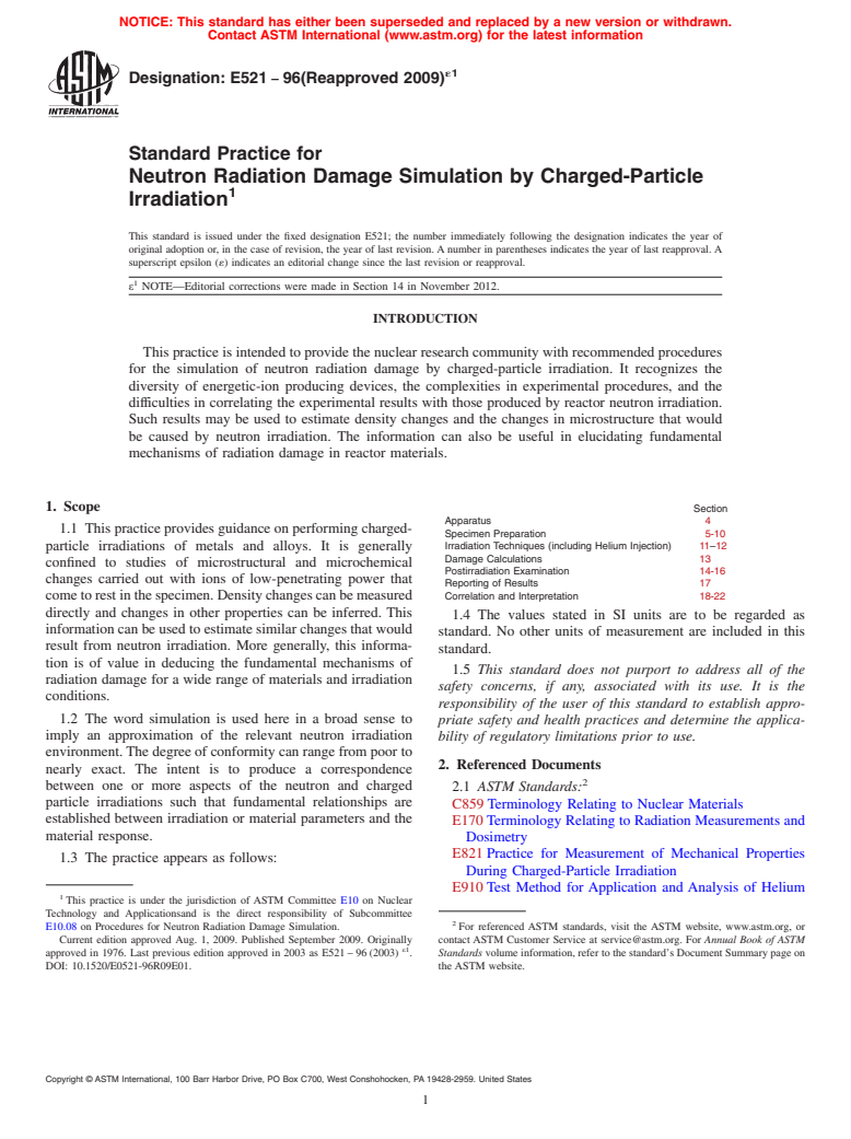 ASTM E521-96(2009)e1 - Standard Practice for  Neutron Radiation Damage Simulation by Charged-Particle Irradiation