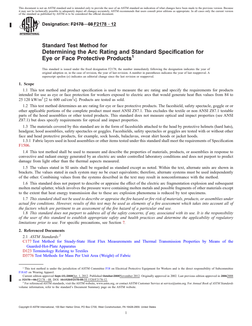 REDLINE ASTM F2178-12 - Standard Test Method for  Determining the Arc Rating and Standard Specification for Eye  or Face Protective Products