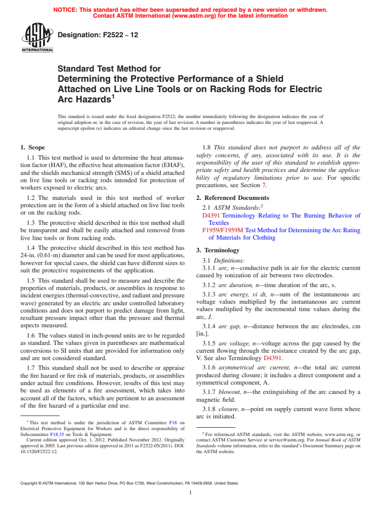 ASTM F2522-12 - Standard Test Method for  Determining the Protective Performance of a Shield Attached   on Live Line Tools or on Racking Rods for Electric Arc Hazards