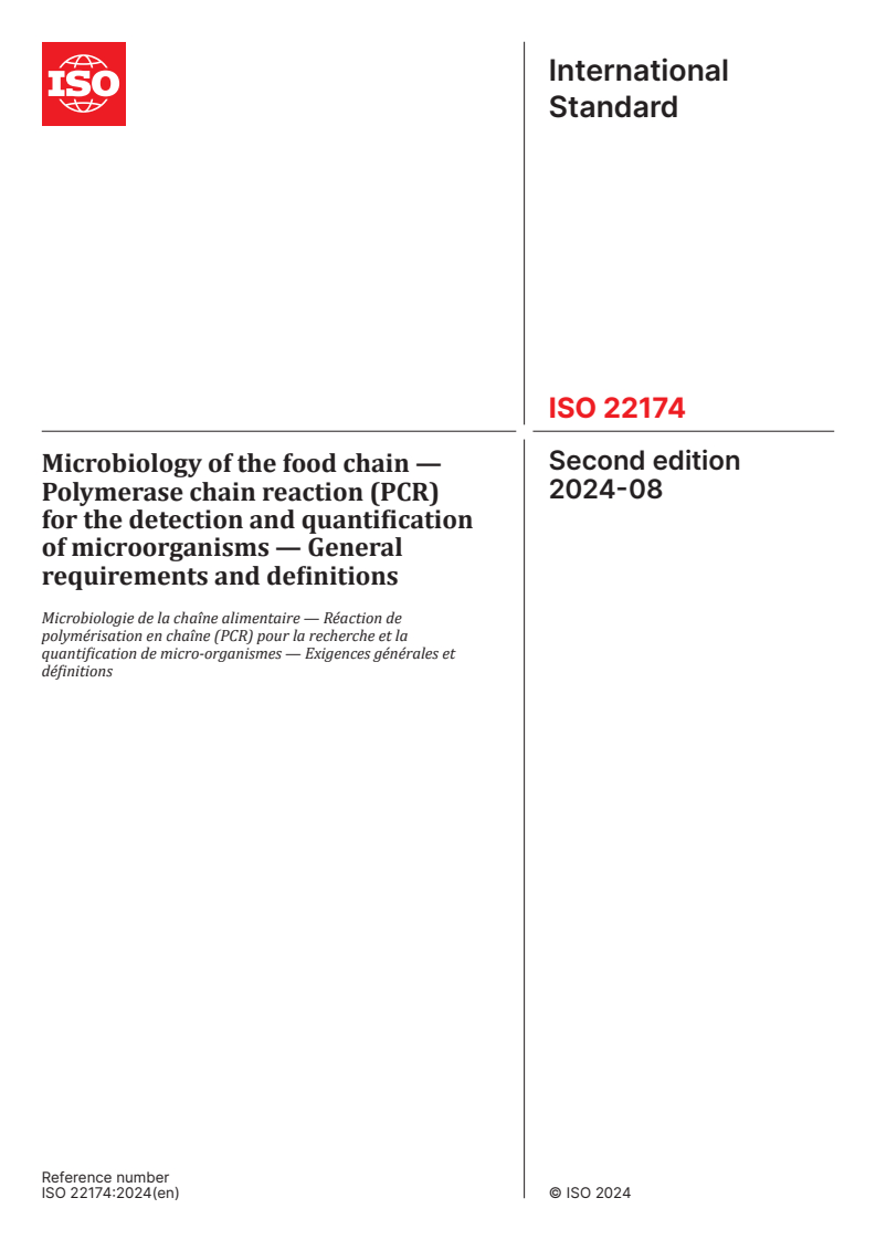 ISO 22174:2024 - Microbiology of the food chain — Polymerase chain reaction (PCR) for the detection and quantification of microorganisms — General requirements and definitions
Released:16. 08. 2024