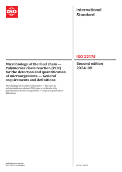 ISO 22174:2024 ISO 22174:2024 - Microbiology of the food chain — Polymerase chain reaction (PCR) for the detection and quantification of microorganisms — General requirements and definitions
Released:16. 08. 2024 - Page 1 preview