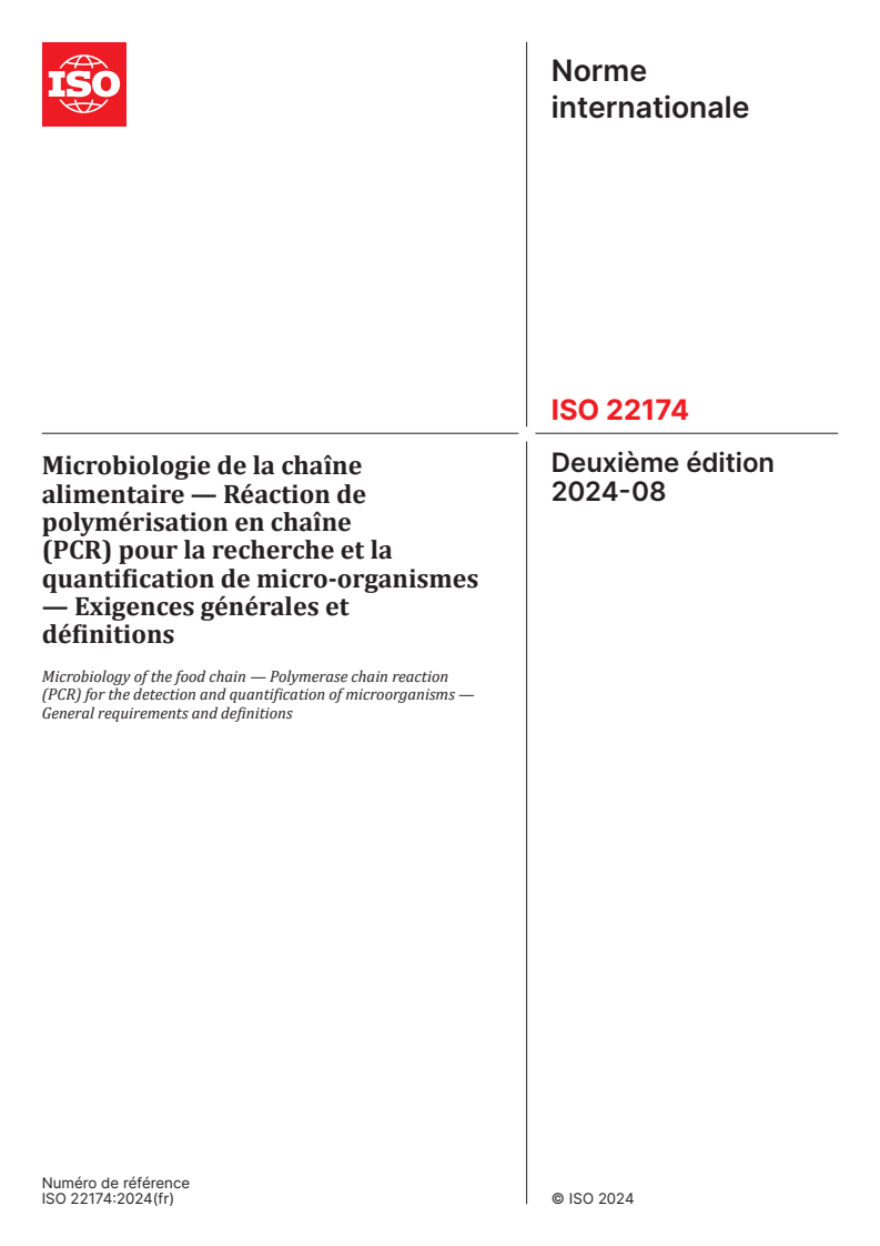 ISO 22174:2024 - Microbiologie de la chaîne alimentaire — Réaction de polymérisation en chaîne (PCR) pour la recherche et la quantification de micro-organismes — Exigences générales et définitions
Released:10/22/2024