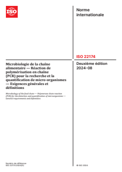 ISO 22174:2024 ISO 22174:2024 - Microbiologie de la chaîne alimentaire — Réaction de polymérisation en chaîne (PCR) pour la recherche et la quantification de micro-organismes — Exigences générales et définitions
Released:10/22/2024 - Page 1 preview