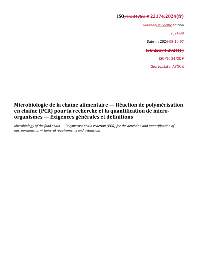 REDLINE ISO 22174:2024 - Microbiologie de la chaîne alimentaire — Réaction de polymérisation en chaîne (PCR) pour la recherche et la quantification de micro-organismes — Exigences générales et définitions
Released:10/22/2024