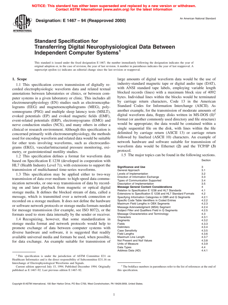 ASTM E1467-94(2000) - Standard Specification for Transferring Digital Neurophysiological Data Between Independent Computer Systems (Withdrawn 2004)