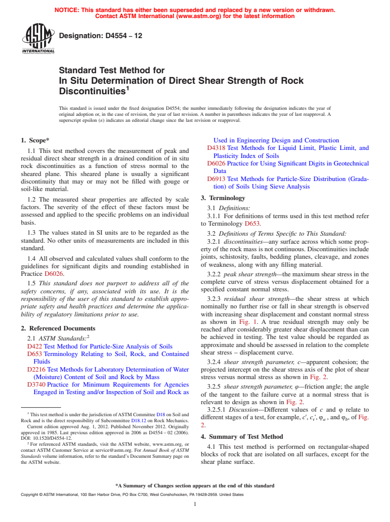 ASTM D4554-12 - Standard Test Method for  In Situ Determination of Direct Shear Strength of Rock Discontinuities (Withdrawn 2021)