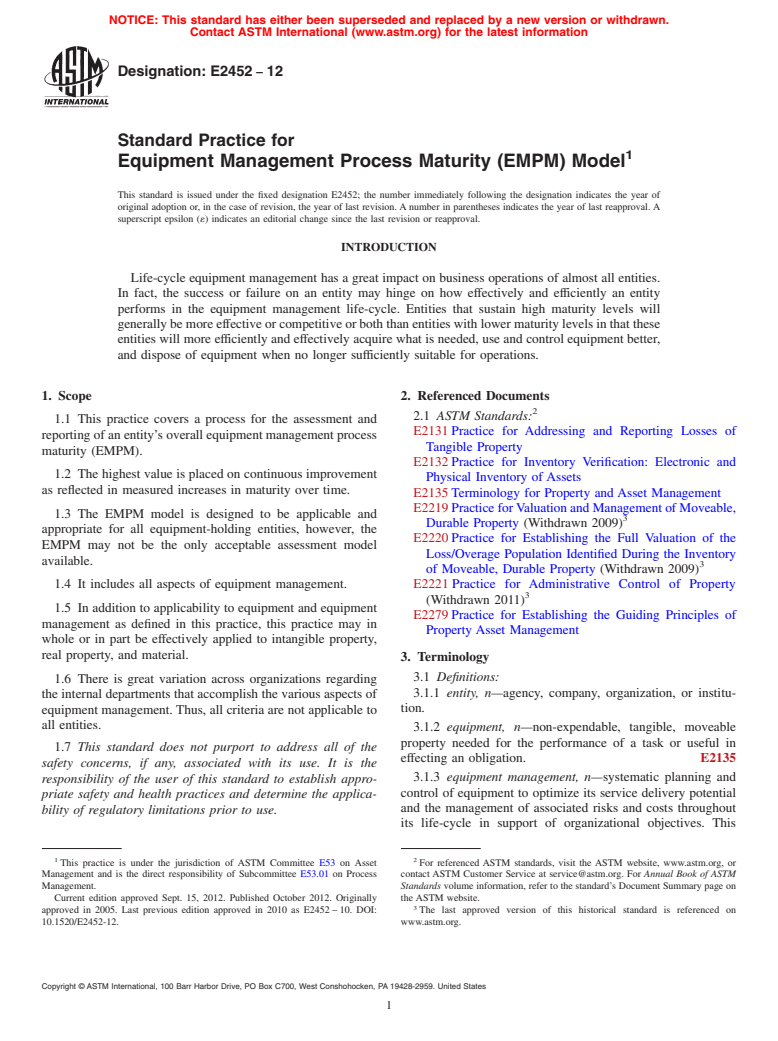 ASTM E2452-12 - Standard Practice for  Equipment Management Process Maturity (EMPM) Model