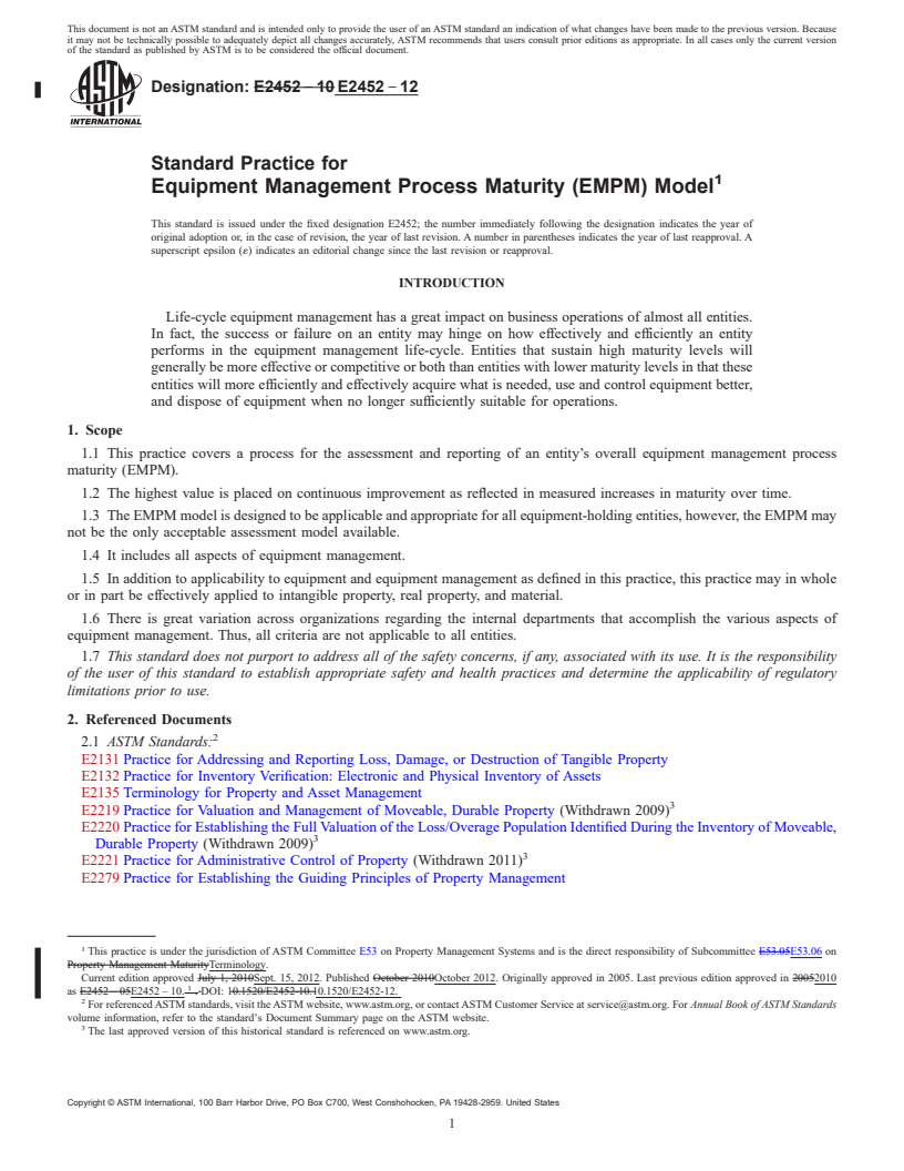 REDLINE ASTM E2452-12 - Standard Practice for  Equipment Management Process Maturity (EMPM) Model