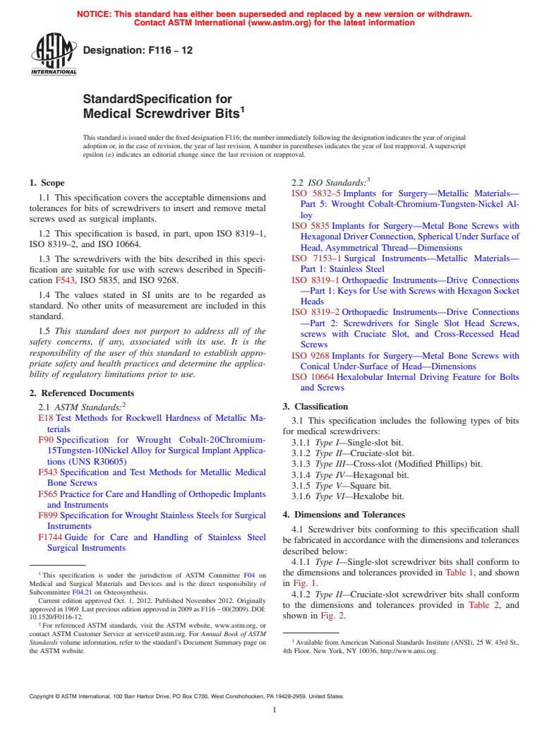 ASTM F116-12 - Standard Specification for Medical Screwdriver Bits