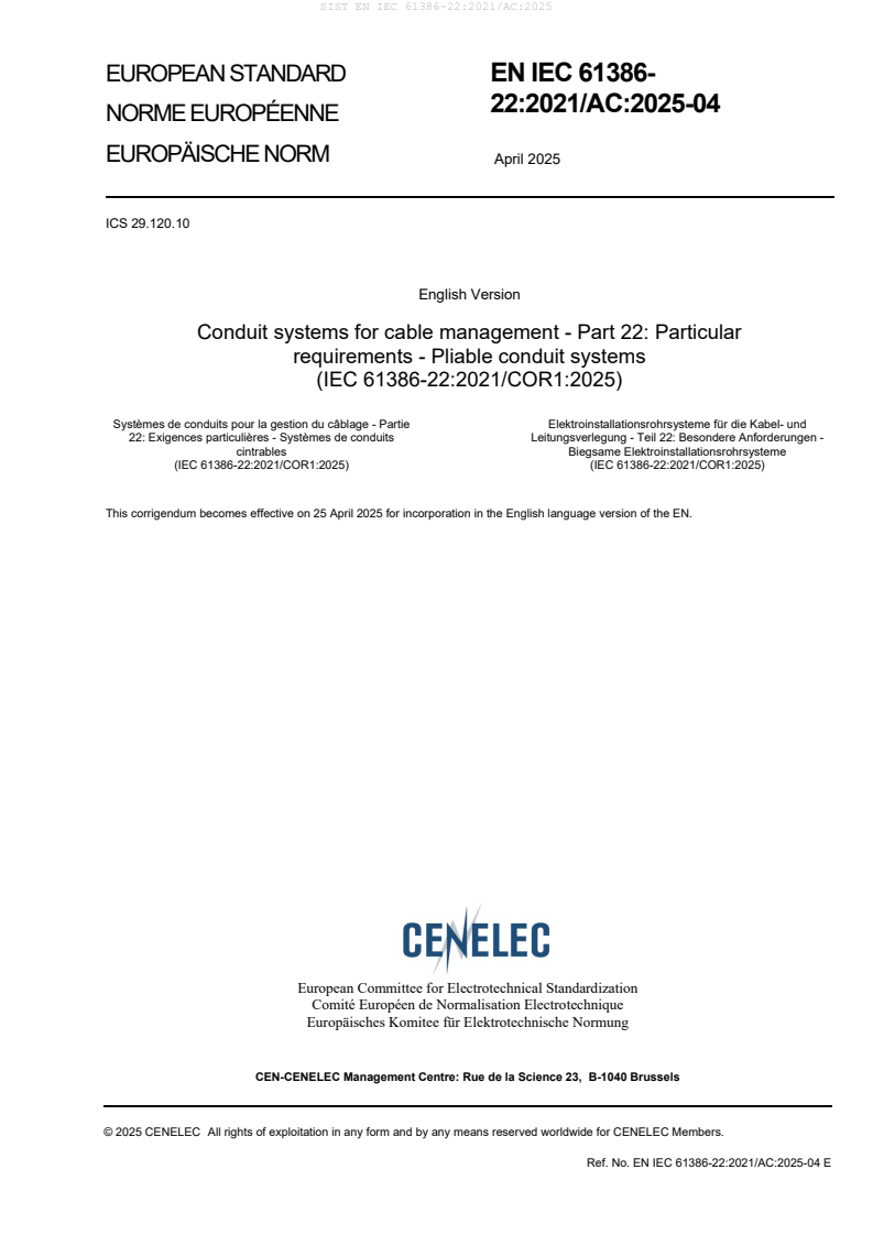 EN IEC 61386-22:2021/AC:2025