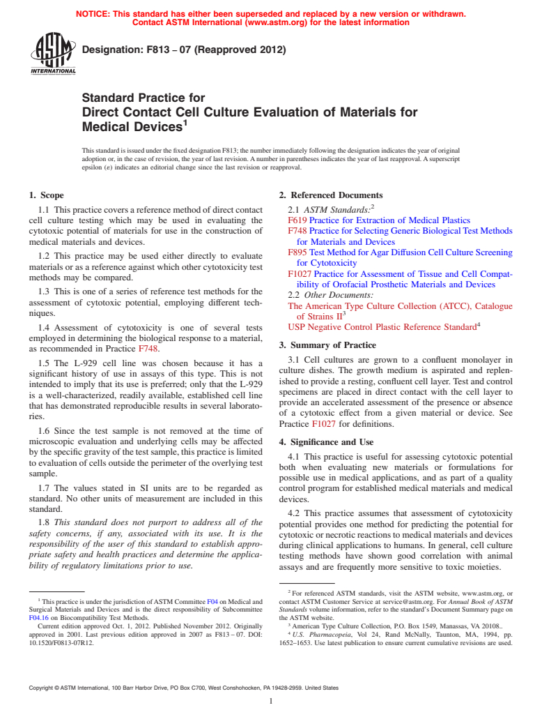 ASTM F813-07(2012) - Standard Practice for  Direct Contact Cell Culture Evaluation of Materials for Medical  Devices