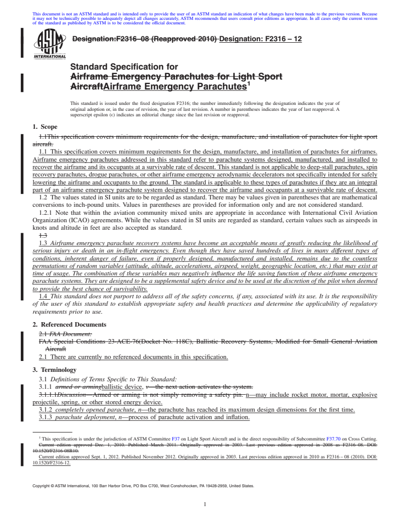 REDLINE ASTM F2316-12 - Standard Specification for Airframe Emergency Parachutes