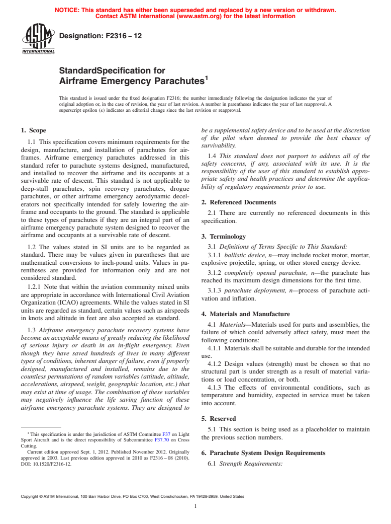 ASTM F2316-12 - Standard Specification for Airframe Emergency Parachutes