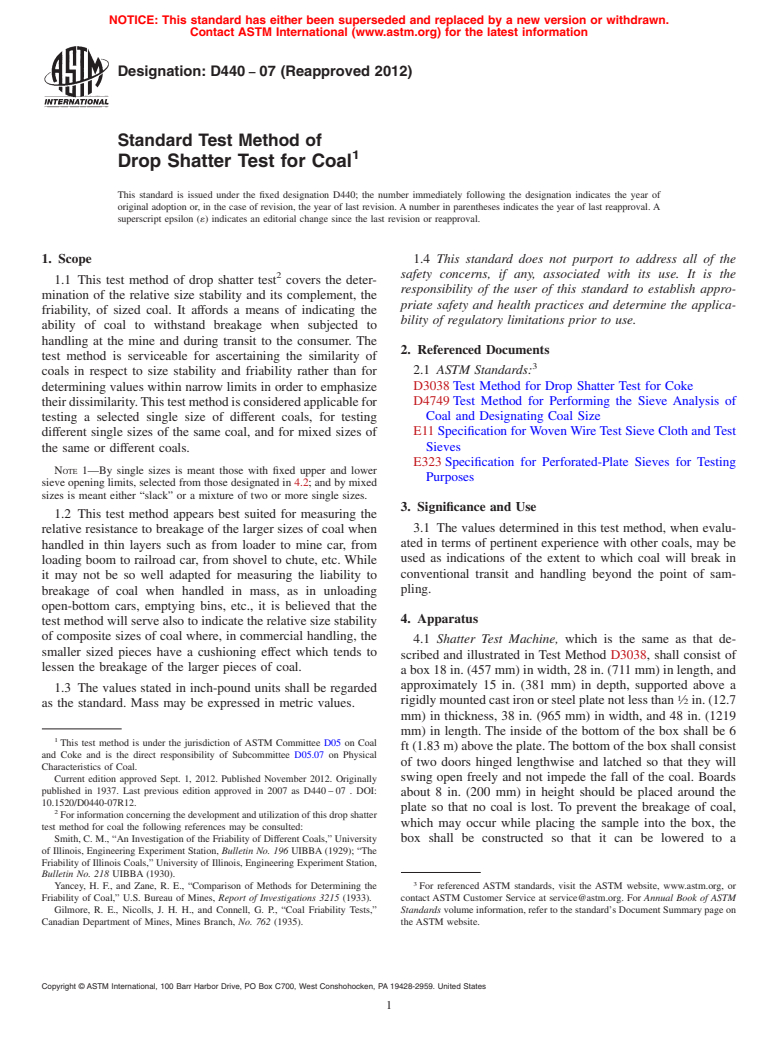 ASTM D440-07(2012) - Standard Test Method of  Drop Shatter Test for Coal