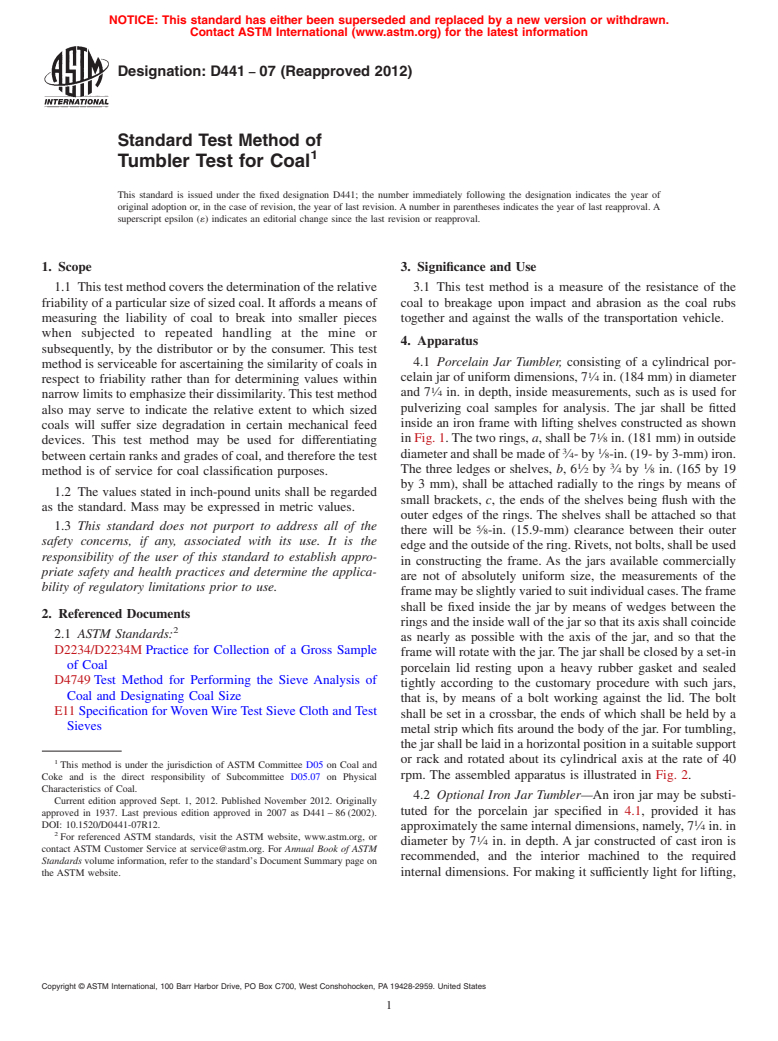 ASTM D441-07(2012) - Standard Test Method of  Tumbler Test for Coal