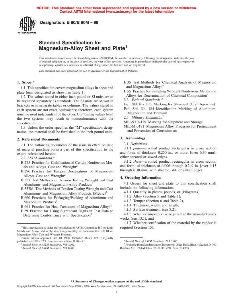 ASTM B90/B90M-98 - Standard Specification for Magnesium-Alloy Sheet and Plate