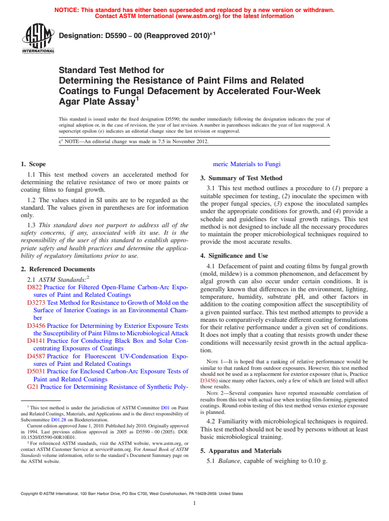 ASTM D5590-00(2010)e1 - Standard Test Method for  Determining the Resistance of Paint Films and Related Coatings   to Fungal   Defacement by Accelerated Four-Week Agar Plate Assay