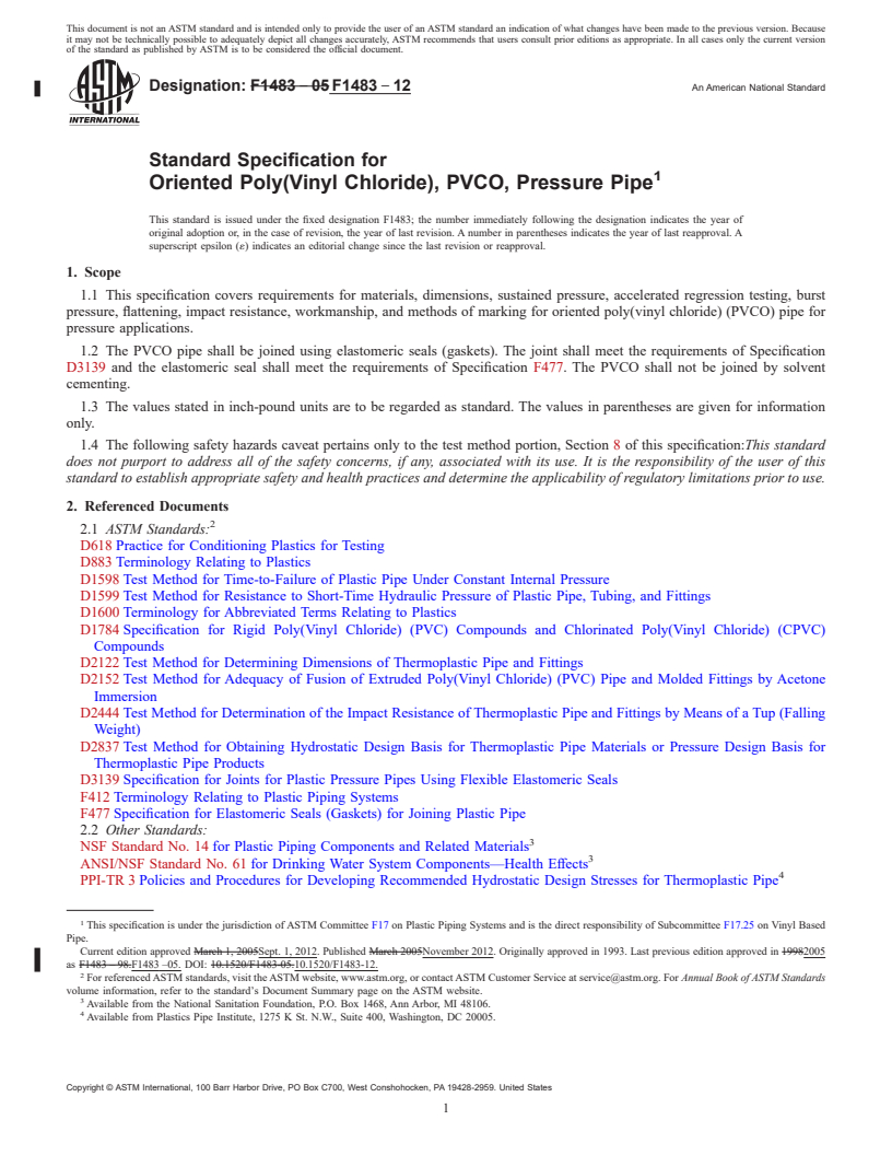 REDLINE ASTM F1483-12 - Standard Specification for  Oriented Poly(Vinyl Chloride), PVCO, Pressure Pipe