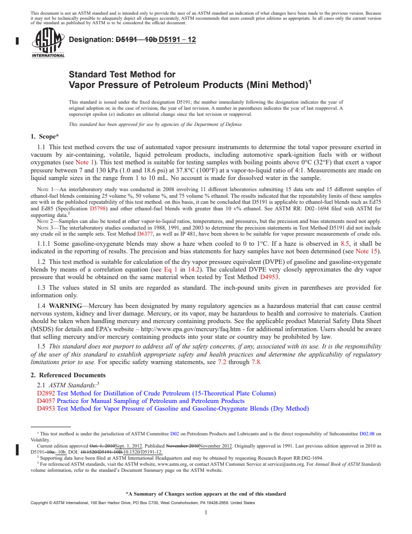 REDLINE ASTM D5191-12 - Standard Test Method for Vapor Pressure of Petroleum Products (Mini Method)