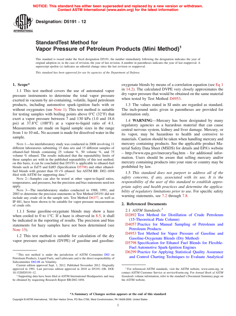 ASTM D5191-12 - Standard Test Method for Vapor Pressure of Petroleum Products (Mini Method)