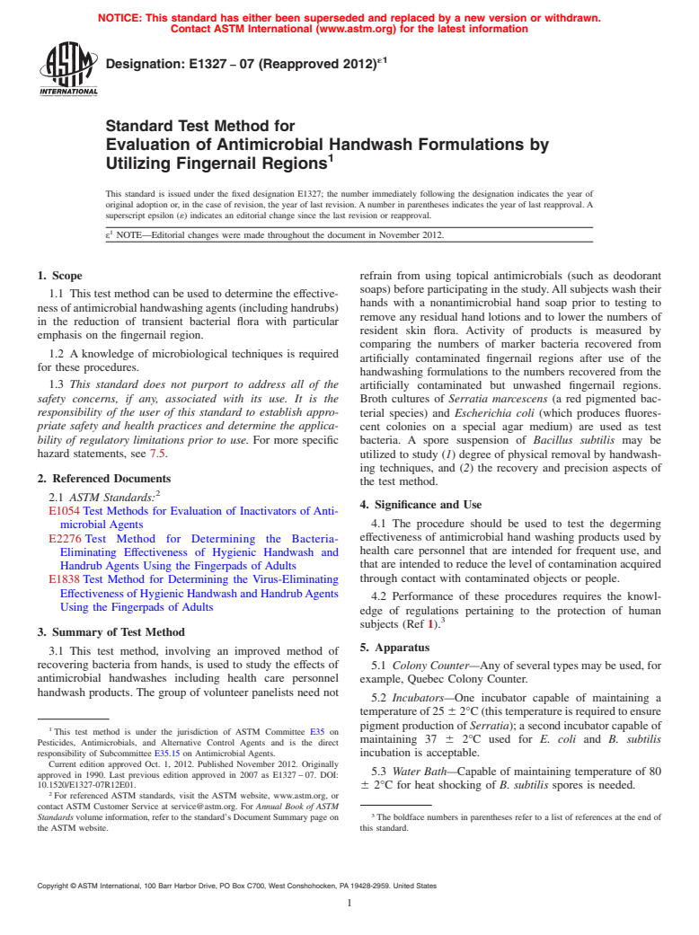 ASTM E1327-07(2012)e1 - Standard Test Method for Evaluation of Antimicrobial Handwash Formulations by Utilizing Fingernail Regions