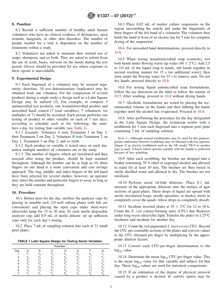 ASTM E1327-07(2012)e1 - Standard Test Method for Evaluation of Antimicrobial Handwash Formulations by Utilizing Fingernail Regions