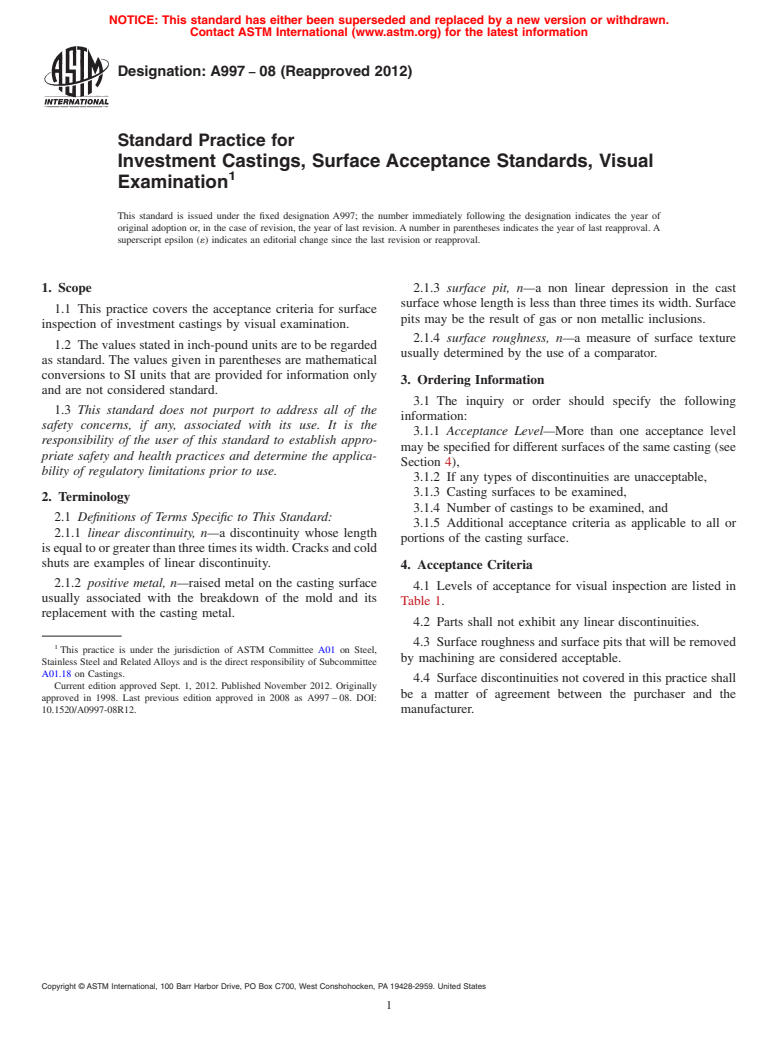 ASTM A997-08(2012) - Standard Practice for  Investment Castings, Surface Acceptance Standards, Visual Examination