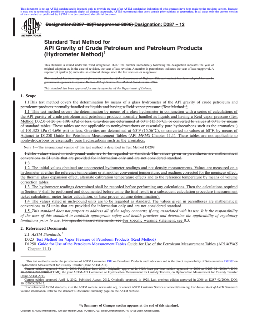 REDLINE ASTM D287-12 - Standard Test Method for API Gravity of Crude Petroleum and Petroleum Products (Hydrometer Method)