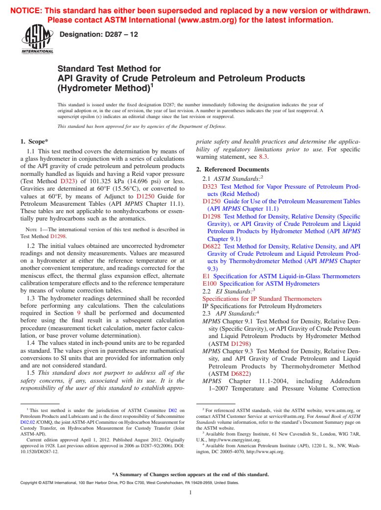 ASTM D287-12 - Standard Test Method for API Gravity of Crude Petroleum and Petroleum Products (Hydrometer Method)