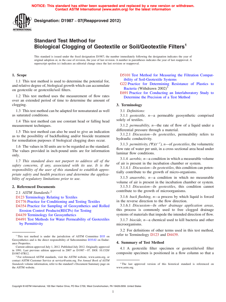 ASTM D1987-07(2012) - Standard Test Method for  Biological Clogging of Geotextile or Soil/Geotextile Filters