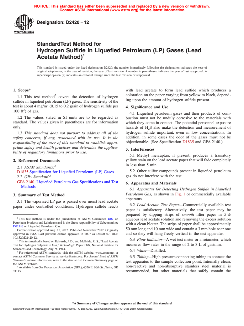 ASTM D2420-12 - Standard Test Method for Hydrogen Sulfide in Liquefied Petroleum (LP) Gases (Lead Acetate   Method)