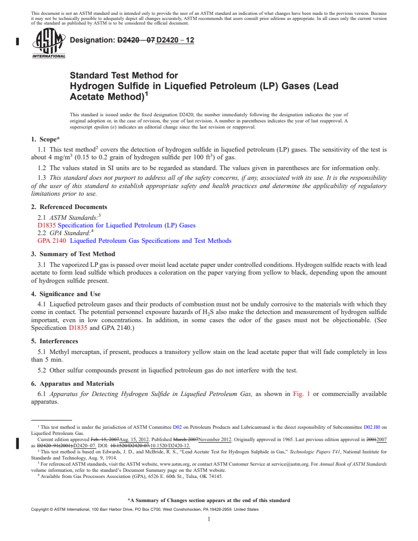REDLINE ASTM D2420-12 - Standard Test Method for Hydrogen Sulfide in Liquefied Petroleum (LP) Gases (Lead Acetate   Method)