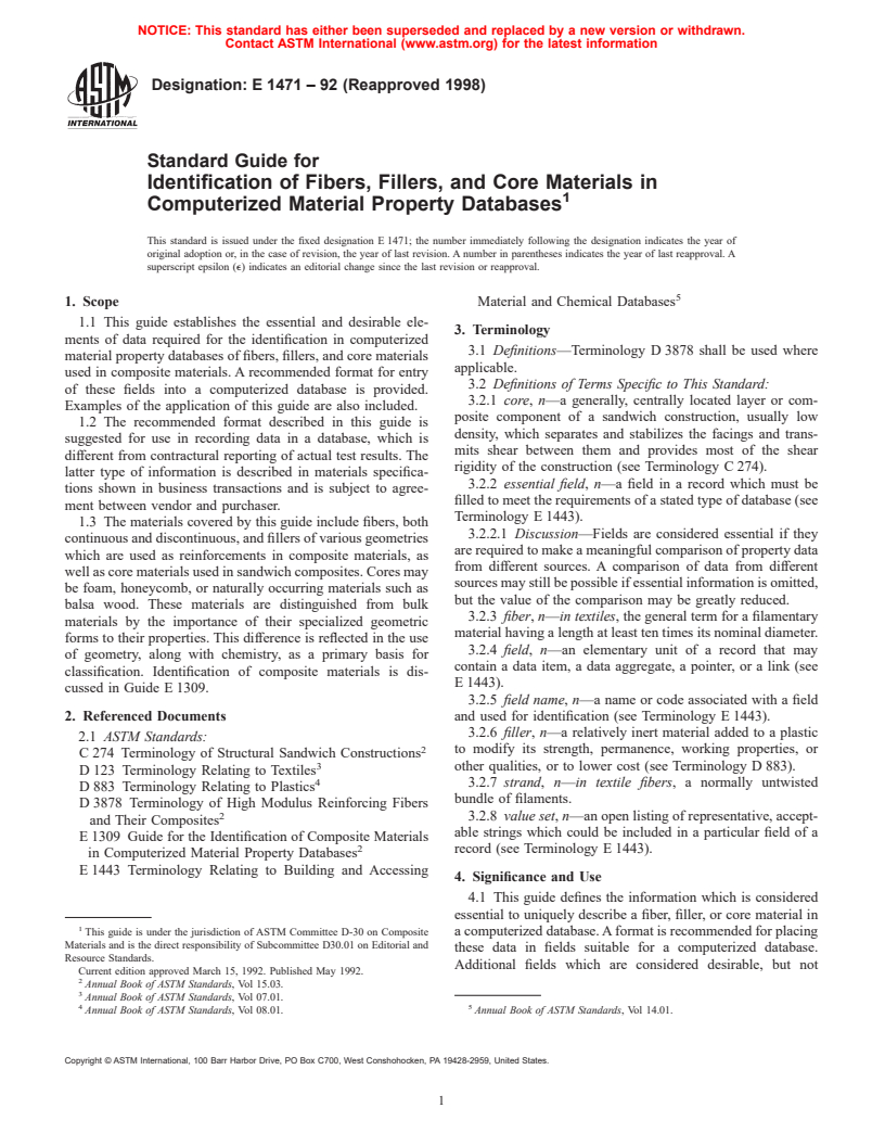 ASTM E1471-92(1998) - Standard Guide for Identification of Fibers, Fillers, and Core Materials in Computerized Material Property Databases