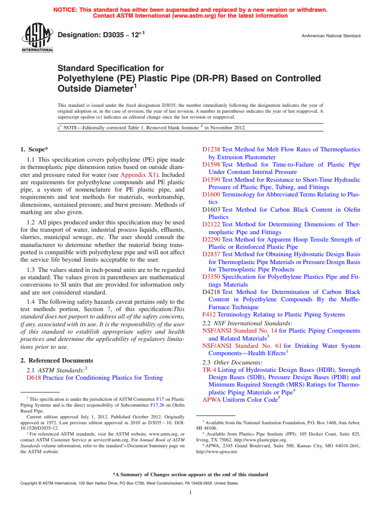 ASTM D3035-12e1 - Standard Specification for  Polyethylene (PE) Plastic Pipe (DR-PR) Based on Controlled   Outside Diameter