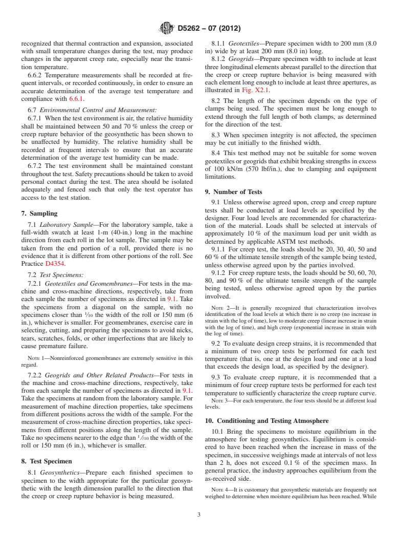 ASTM D5262-07(2012) - Standard Test Method for  Evaluating the Unconfined Tension Creep and Creep Rupture Behavior  of Geosynthetics