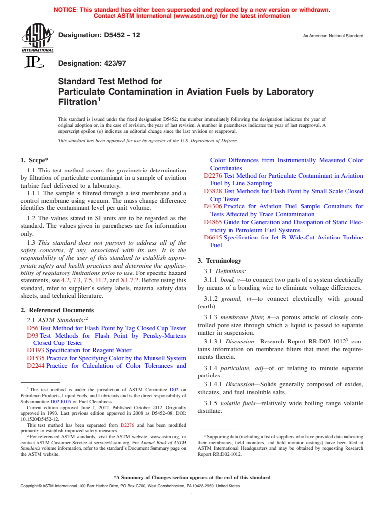 ASTM D5452-12 - Standard Test Method for Particulate Contamination in Aviation Fuels by Laboratory Filtration