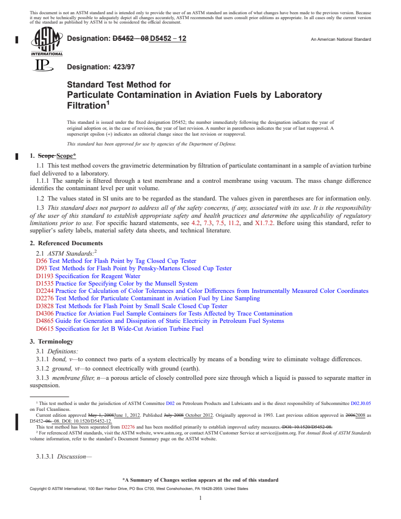 REDLINE ASTM D5452-12 - Standard Test Method for Particulate Contamination in Aviation Fuels by Laboratory Filtration