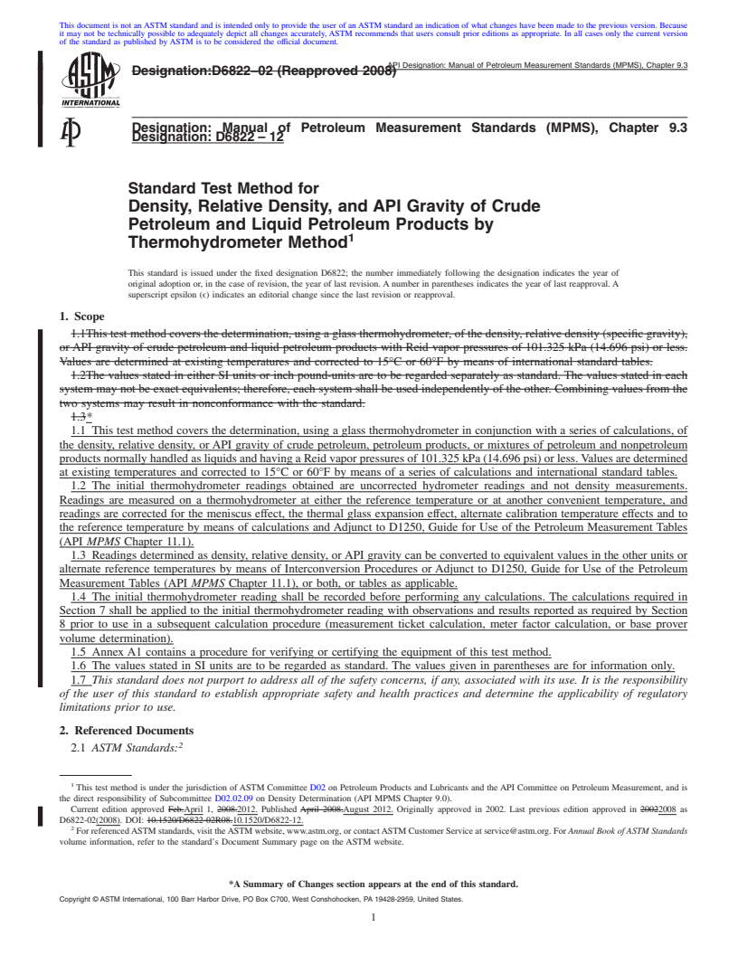 REDLINE ASTM D6822-12 - Standard Test Method for Density, Relative Density, and API Gravity of Crude Petroleum and Liquid Petroleum Products by Thermohydrometer Method