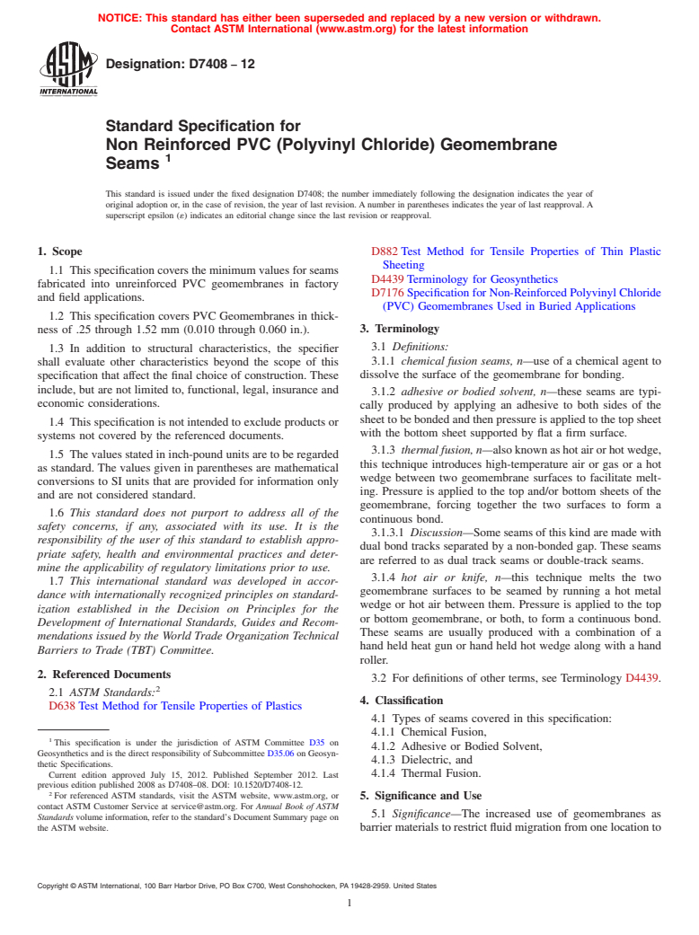 ASTM D7408-12 - Standard Specification for  Non Reinforced PVC (Polyvinyl Chloride) Geomembrane Seams