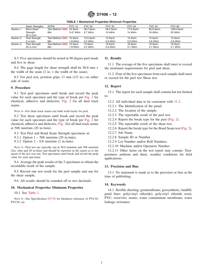 ASTM D7408-12 - Standard Specification for  Non Reinforced PVC (Polyvinyl Chloride) Geomembrane Seams