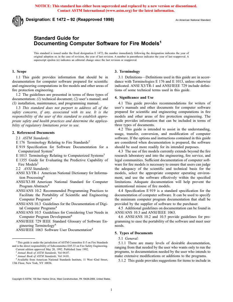 ASTM E1472-92(1998) - Standard Guide for Documenting Computer Software for Fire Models