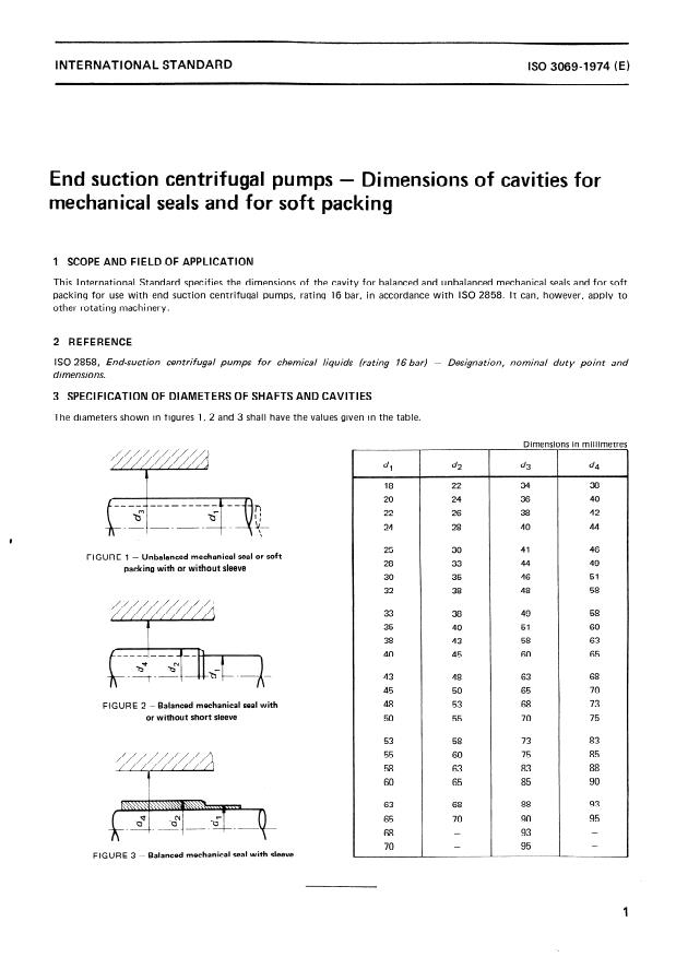 ISO 3069:1974 - End suction centrifugal pumps -- Dimensions of cavities for mechanical seals and for soft packing