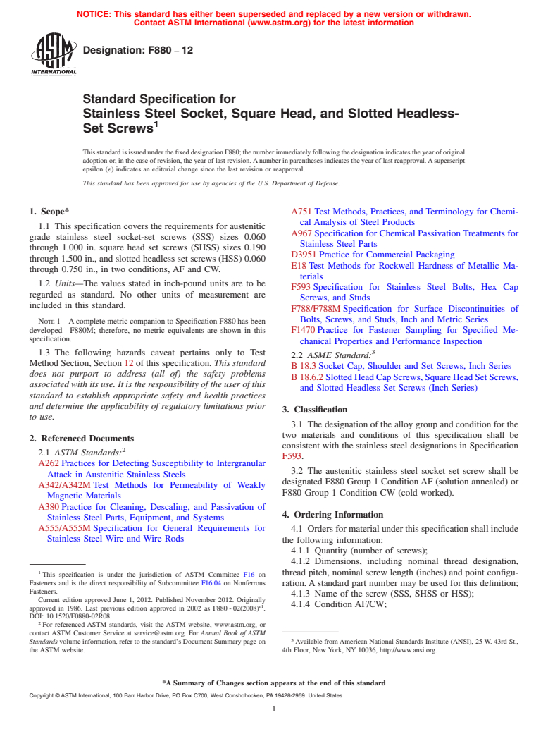 ASTM F880-12 - Standard Specification for Stainless Steel Socket, Square Head, and Slotted Headless-Set Screws