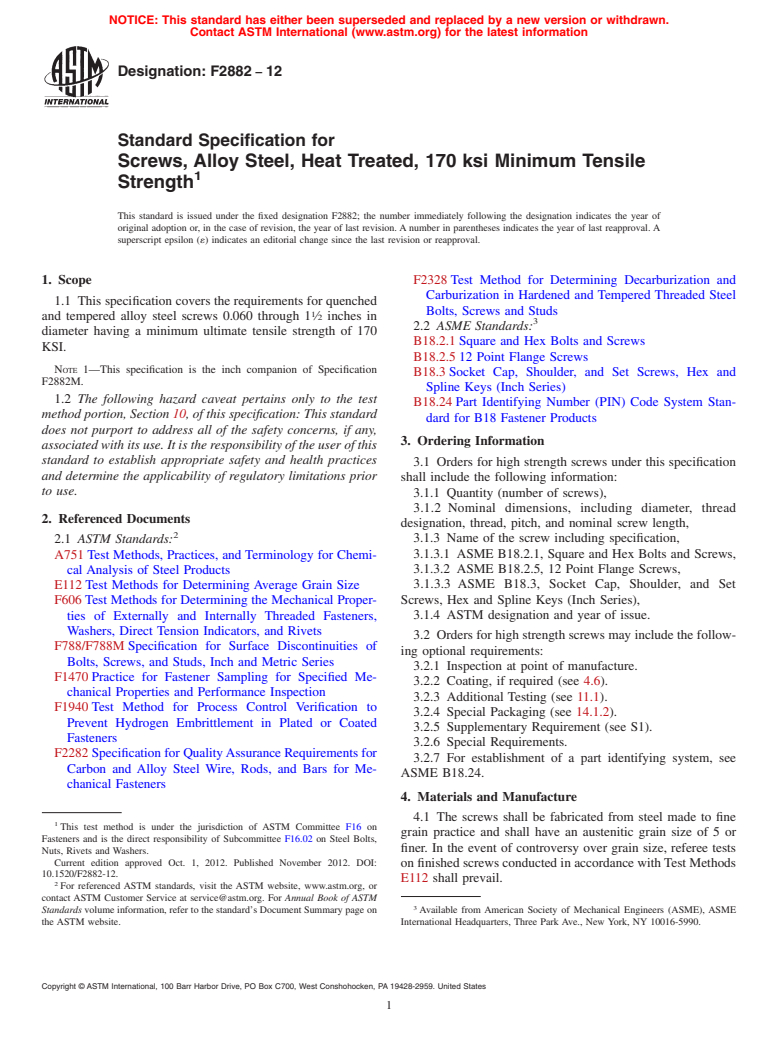 ASTM F2882-12 - Standard Specification for Screws, Alloy Steel, Heat Treated, 170 ksi Minimum Tensile Strength