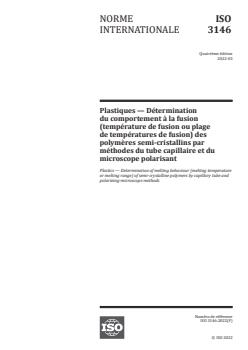 ISO 3146:2022 ISO 3146:2022 - Plastics — Determination of melting behaviour (melting temperature or melting range) of semi-crystalline polymers by capillary tube and polarizing-microscope methods
Released:3/11/2022 - Page 1 preview