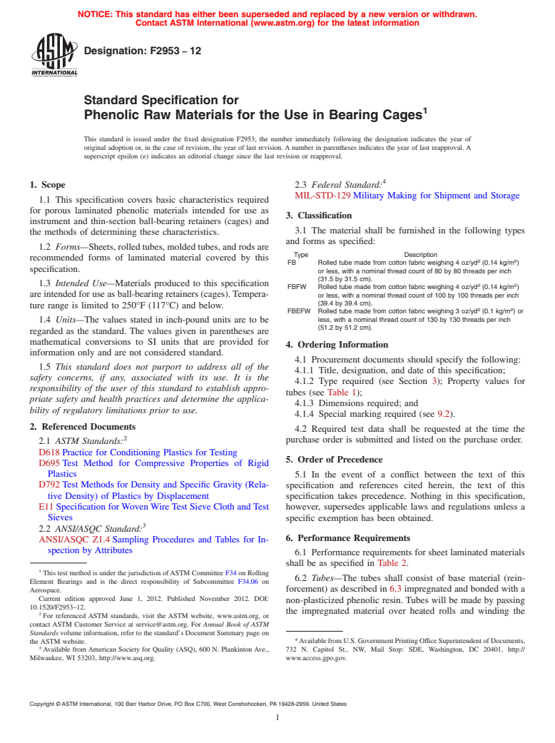 ASTM F2953-12 - Standard Specification for Phenolic Raw Materials for the Use in Bearing Cages